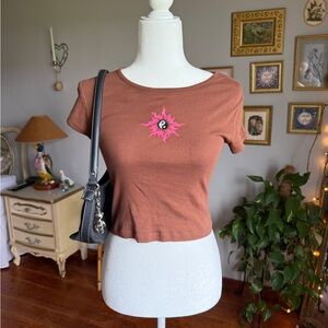 Empyre Brown Cropped Baby Tee with Pink Sunburst